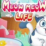 Szczęśliwy biało-czarny kot siedzi na trawie z zabawkami w tle oraz kolorowym napisem Meow Meow Life u góry