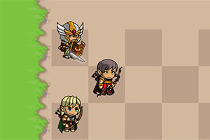 Trzech kreskówkowych wojowników na szachownicy z zieloną trawą po lewej stronie