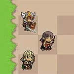 Trzech kreskówkowych wojowników na szachownicy z zieloną trawą po lewej stronie