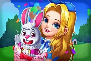 Postać z długimi blond włosami trzyma uroczego białego królika w koszyku, z balonami i kolorowym konfetti w tle