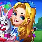 Postać z długimi blond włosami trzyma uroczego białego królika w koszyku, z balonami i kolorowym konfetti w tle