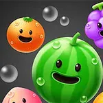 Kolorowe owoce z uśmiechniętymi twarzami na ciemnym tle, w tym arbuz, winogrono i pomarańcza, otoczone bańkami