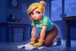 Kobieta z blond włosami w zielonej koszuli i rękawicach gumowych klęczy na podłodze, wycierając ją szmatką w pomieszczeniu