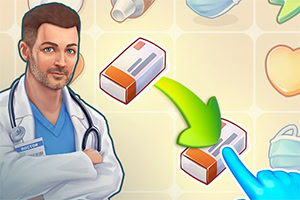 Lekarz z założonymi rękami obok przesuwających się opakowań tabletek z zieloną strzałką wskazującą kierunek przesunięcia