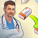 Lekarz z założonymi rękami obok przesuwających się opakowań tabletek z zieloną strzałką wskazującą kierunek przesunięcia