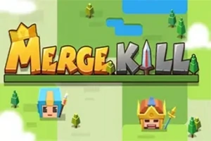 Kolorowy napis Merge Kill z dwoma postaciami o kwadratowych twarzach w hełmach oraz niewielkimi drzewkami i niebieskim jeziorem na zielonym tle