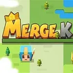 Kolorowy napis Merge Kill z dwoma postaciami o kwadratowych twarzach w hełmach oraz niewielkimi drzewkami i niebieskim jeziorem na zielonym tle