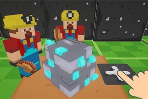 Dwie postacie w kaskach górniczych stoją przed szarym blokiem z niebieskimi kryształami, podczas gdy ręka wskazuje na metalowy panel z symbolem wentylatora