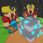 Dwie postacie w kaskach górniczych stoją przed szarym blokiem z niebieskimi kryształami, podczas gdy ręka wskazuje na metalowy panel z symbolem wentylatora