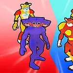 Postacie w kolorowych kostiumach, z niebieskim potworem o wielu oczach na czerwonym tle po lewej i czerwoną postacią o mięśniowej budowie na niebieskim tle po prawej