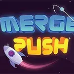 Napis MERGE PUSH w stylu neonowym na ciemnym tle z rysunkiem rakiety i pierścienia z planetą