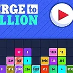 Plansza z kolorowymi blokami o różnych wartościach liczbowych pod napisem MERGE to MILLION i przyciskiem play na niebieskim tle