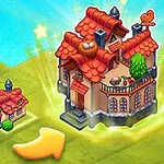 Cztery małe domki na zielonym tle obok większego, bardziej ozdobnego domu z czerwoną dachówką i złotą strzałką wskazującą w jego kierunku