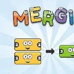 Kolorowy napis „MERGIS” z literami z oczami, obok żółte kafelki z liczbą 2 łączące się w zielony kafelek z liczbą 3