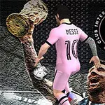 Piłkarz w różowym stroju z numerem 10 i nazwiskiem Messi na plecach, z piłką, na tle logo klubu piłkarskiego Inter Miami CF