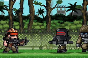 Postacie w pikselowej grafice trzymające broń na tle ogrodu z drzewami i roślinnością