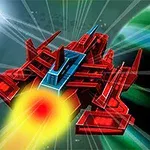 Czerwony, futurystyczny statek kosmiczny w przestrzeni z jasnym żółtym światłem z tyłu, otoczony promieniami światła i zielono-niebieskimi efektami