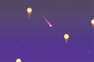 Różowa kometa na fioletowym tle z widocznymi żółtymi monetami