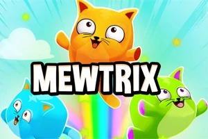 Trzy kolorowe, animowane koty unoszą się na tle tęczy z napisem MEWTRIX na środku