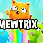 Trzy kolorowe, animowane koty unoszą się na tle tęczy z napisem MEWTRIX na środku