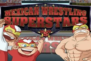 Trzech postaci w maskach zapaśniczych na tle napisu Mexican Wrestling Superstars