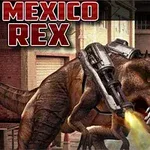 Tyranozaur uzbrojony w karabin maszynowy strzelający ogniem na ulicach miasta, z napisem Mexico Rex w tle
