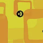 Czarne stwory z kolcami i żółtym okiem na pomarańczowym i żółtym tle z geometrycznymi kształtami