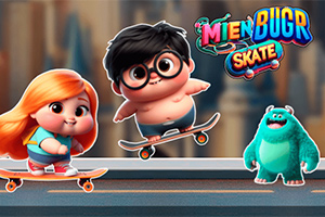 Dwie postacie w kreskówkowym stylu, dziewczyna z rudymi włosami i okularnik, jadą na deskorolkach obok pluszowego, turkusowego potwora