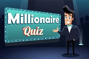 Animowana postać w smokingu wskazuje na planszę z napisem Millionaire Quiz
