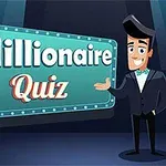 Animowana postać w smokingu wskazuje na planszę z napisem Millionaire Quiz