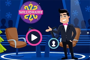 Animowana postać w smokingu na scenie z krzesłami, ekranem przycisku play i logotypem z napisem MILLIONAIRE w tle