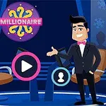 Animowana postać w smokingu na scenie z krzesłami, ekranem przycisku play i logotypem z napisem MILLIONAIRE w tle