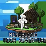 Postać w białej zbroi stojąca na unoszącej się wyspie z trawiastym terenem, drzewami, domkiem i owcami, z napisem MINEBLOCK HOOK ADVENTURE