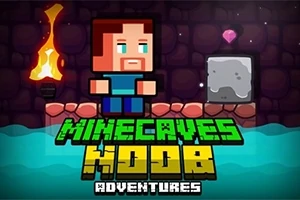 Postać z pikseli stoi na tle mrocznej jaskini z pochodnią, kamieniem i klejnotem oraz kolorowym napisem Minecaves Noob Adventures