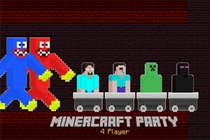 Cztery pikselowe postacie w wagonikach na ciemnym tle z kolorowymi postaciami i napisem MINERCRAFT PARTY 4 Player