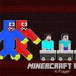 Cztery pikselowe postacie w wagonikach na ciemnym tle z kolorowymi postaciami i napisem MINERCRAFT PARTY 4 Player