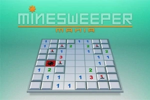 Plansza z siatką kwadratowych pól, niektóre zawierają liczby, a jedno z polem z czerwoną bombą i napis MINESWEEPER MANIA na górze