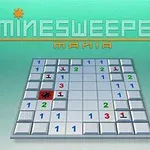 Plansza z siatką kwadratowych pól, niektóre zawierają liczby, a jedno z polem z czerwoną bombą i napis MINESWEEPER MANIA na górze