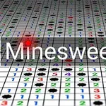 Plansza z polami oznaczonymi cyframi i ikonami min, z nałożonym napisem Minesweeper