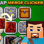 Rysunek przedstawia siatkę kwadratów z różnymi motywami, rękę wskazującą jeden z nich oraz postać z pikselowym stylem i uśmiechem, a także napis MINETAP MERGE CLICKER