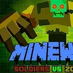 Duża, pikselowa postać zombie na zielonym tle z napisem „MINEWAR” u dołu