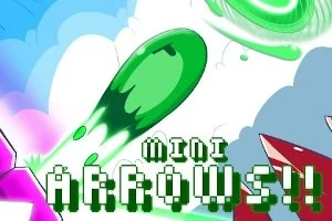 Zielona strzała w locie z dynamicznymi efektami na tle kolorowych chmur i wirowań, z napisem Mini Arrows!