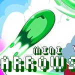 Zielona strzała w locie z dynamicznymi efektami na tle kolorowych chmur i wirowań, z napisem Mini Arrows!