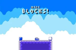 Niebiesko-biała pikselowa grafika z napisem MINI BLOCKS!