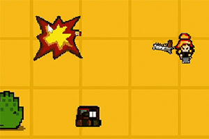 Pikselowa postać w kapeluszu strzelająca do wybuchu na żółtym tle z krzewem i skrzynią