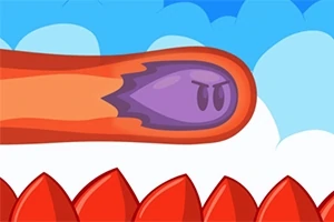 Fioletowy stworek wewnątrz pomarańczowego tubowego kształtu nad czerwonymi kolcami na tle niebieskiego nieba z białymi chmurami