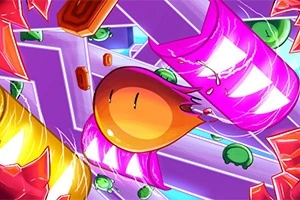 Kolorowa kreskówkowa postać spadająca przez labirynt z różowymi i pomarańczowymi przeszkodami oraz zielonymi elementami