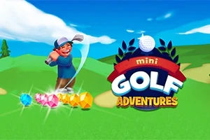 Postać uderzająca kijem do minigolfa na zielonym polu z kolorowymi klejnotami obok, obok logo z napisem „Mini Golf Adventures”