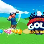Postać uderzająca kijem do minigolfa na zielonym polu z kolorowymi klejnotami obok, obok logo z napisem „Mini Golf Adventures”