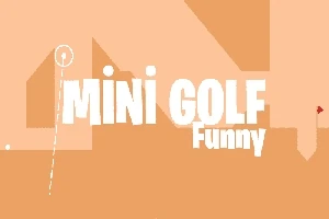 Napis Mini Golf Funny na pomarańczowym tle z białą piłką i linią trajektorii